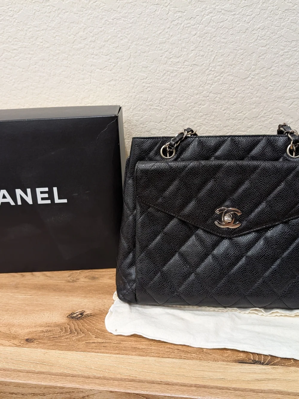 CHANEL Black Quilted Caviar Leather Tote with CC Turn-Lock